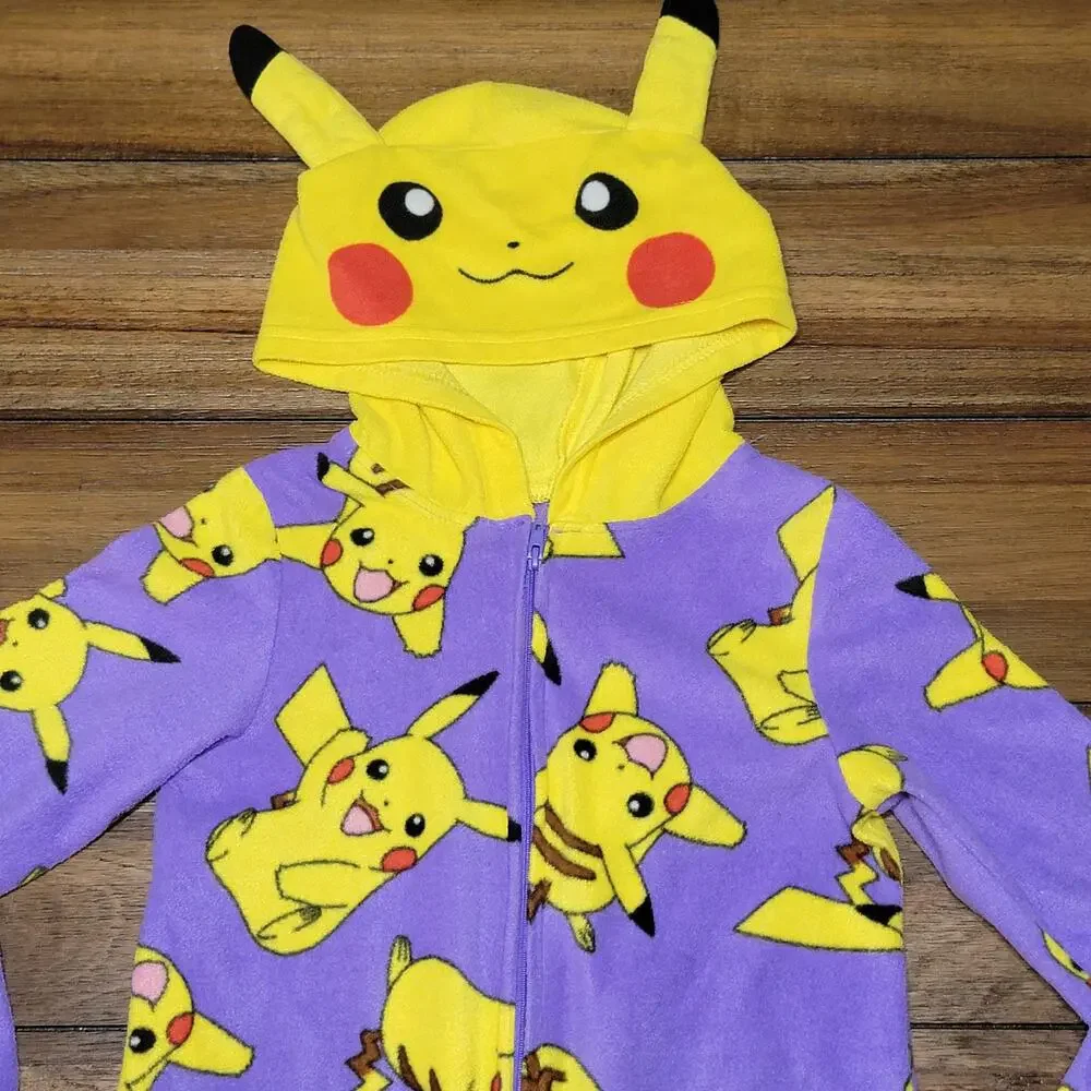 Pokemon Purple & Yellow Hooded Kids Pikachu PJ Fleece Jumper - Size 6/6X